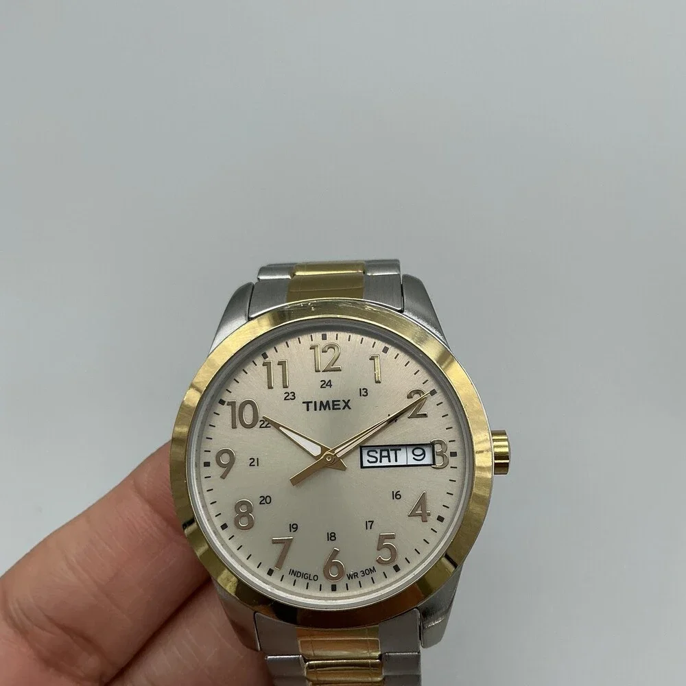 Timex T4M935 Men Watch 36mm Champagne Dial Two Tone Indiglo Day Date New Battery